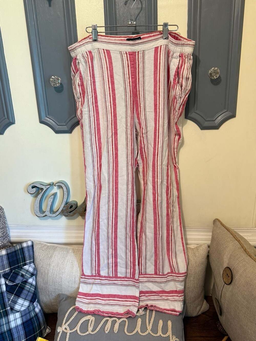 Ellen Tracy Pink and White Striped Linen-Blend Wide Leg Elastic Waist Pants - Picture 1 of 4